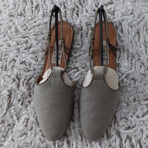 Rare Vintage Nine West Linen Fabric & Leather Strap Back Slides Sz 8.5 Sage Grn